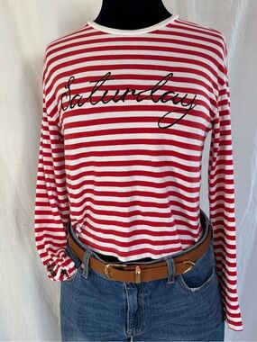 H&M Red White Stripe Saturday Parisian Chic French Girl Nautical Long Sleeve Tee